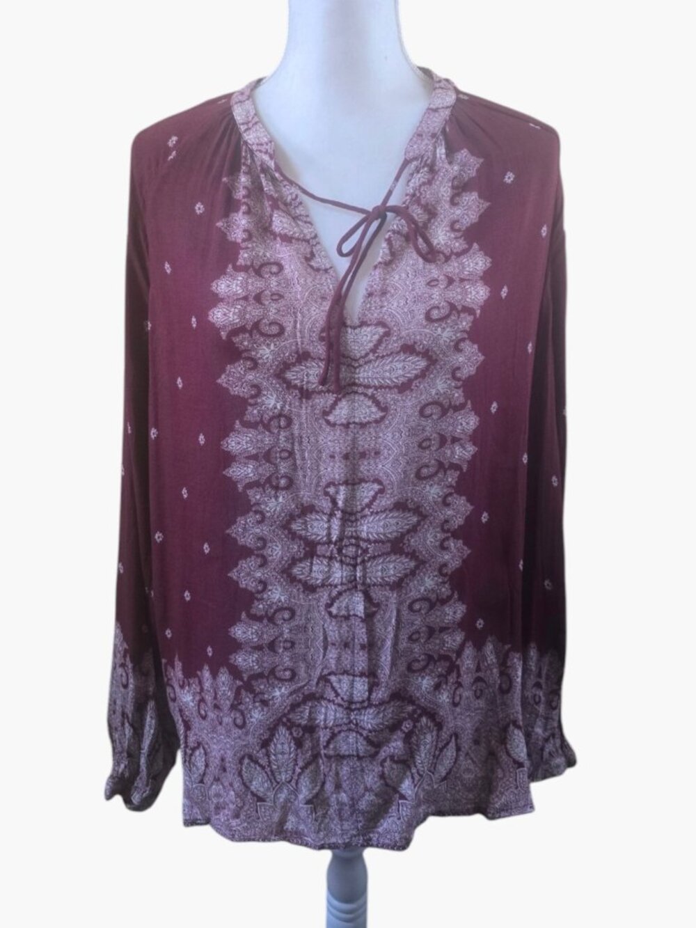 Lucky Brand Women's Peasant Top Blouse Burgundy Semi Sheer Size XL
